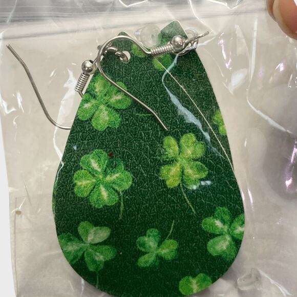 St. Patrick's Day Clover and Green Faux Leather Tear Drop Earrings - Picture 3 of 4
